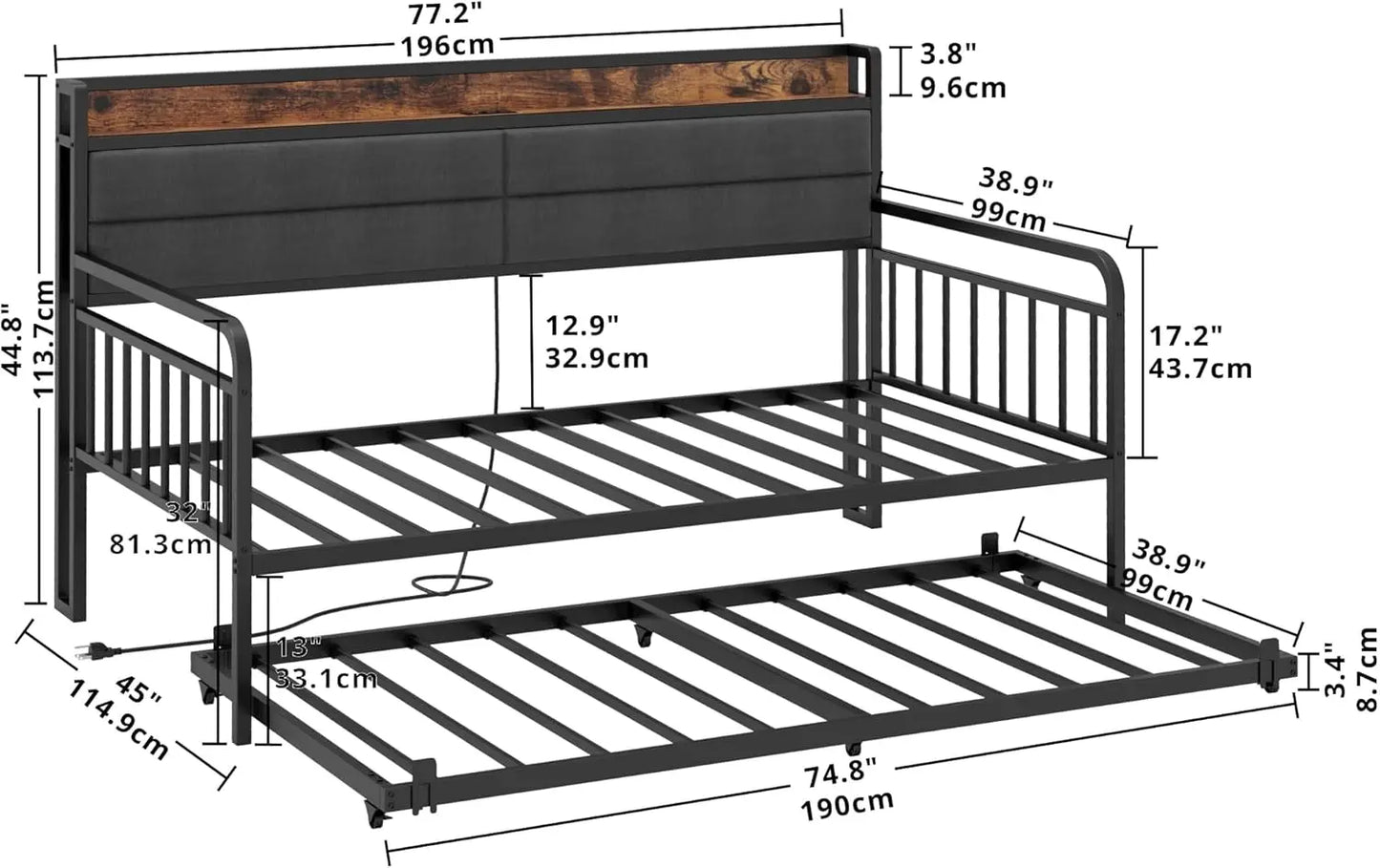 Daybed With Trundle Sturdy Metal Frame Upholstered Headboard Charging Station
