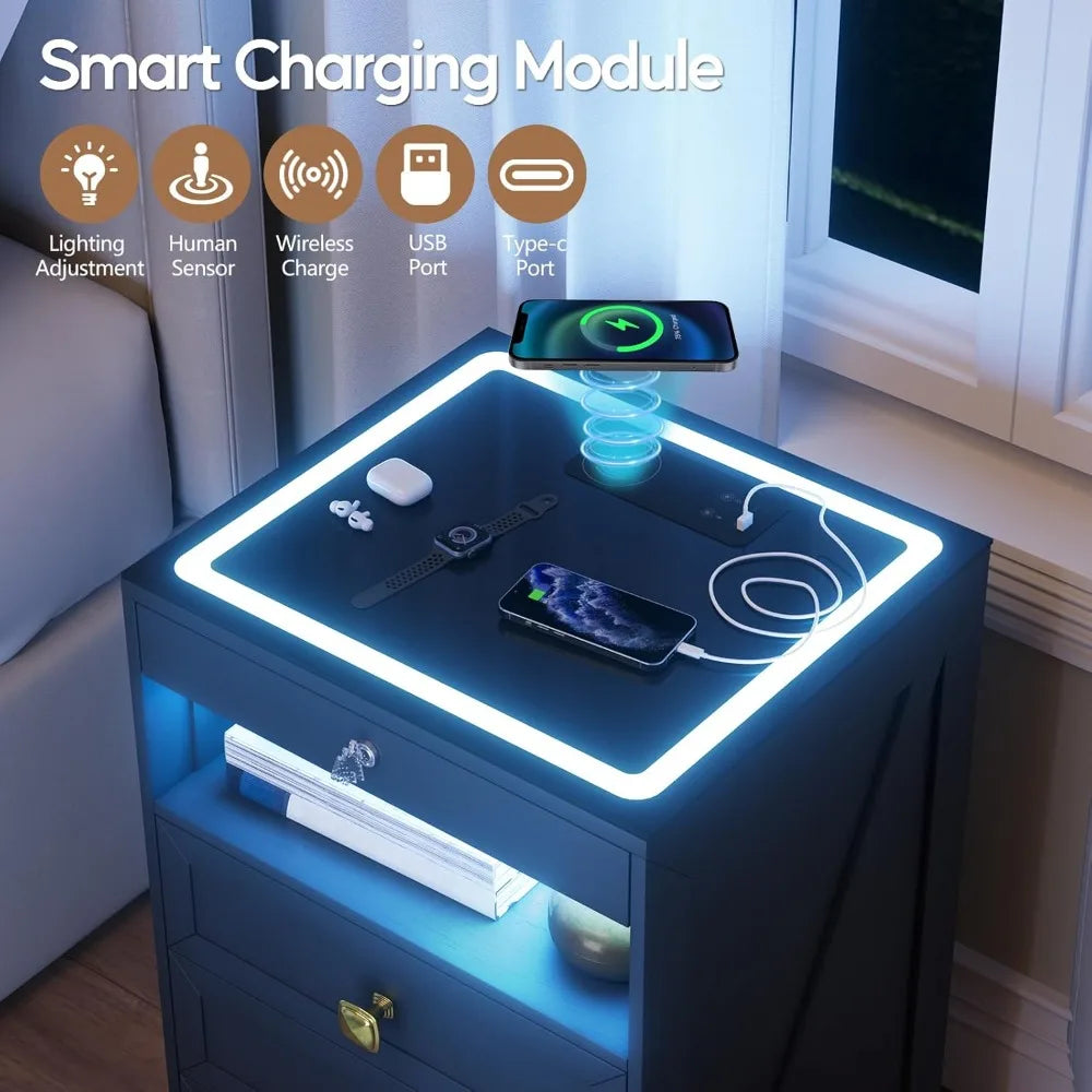 Smart Nightstand With Lockable Safe Drawer And Charging Station