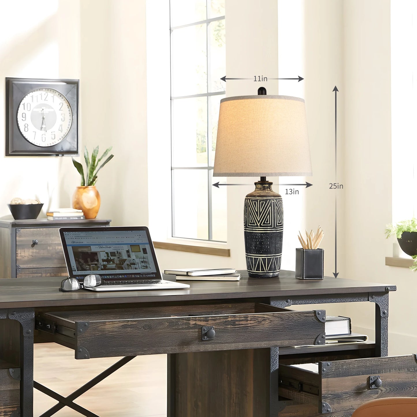 STANBOW Carved Geometric Ceramic Table Lamp With Linen Shade Southwest Rustic Accent For Living Room End Tables