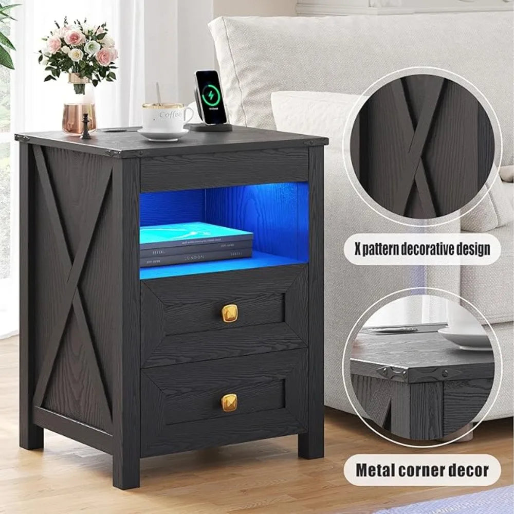 Farmhouse Nightstands Two Piece Set With Gun Drawer And LED Light
