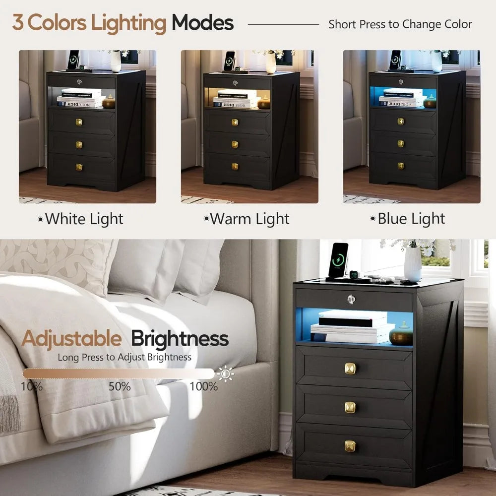 Smart Nightstand With Lockable Safe Drawer And Charging Station
