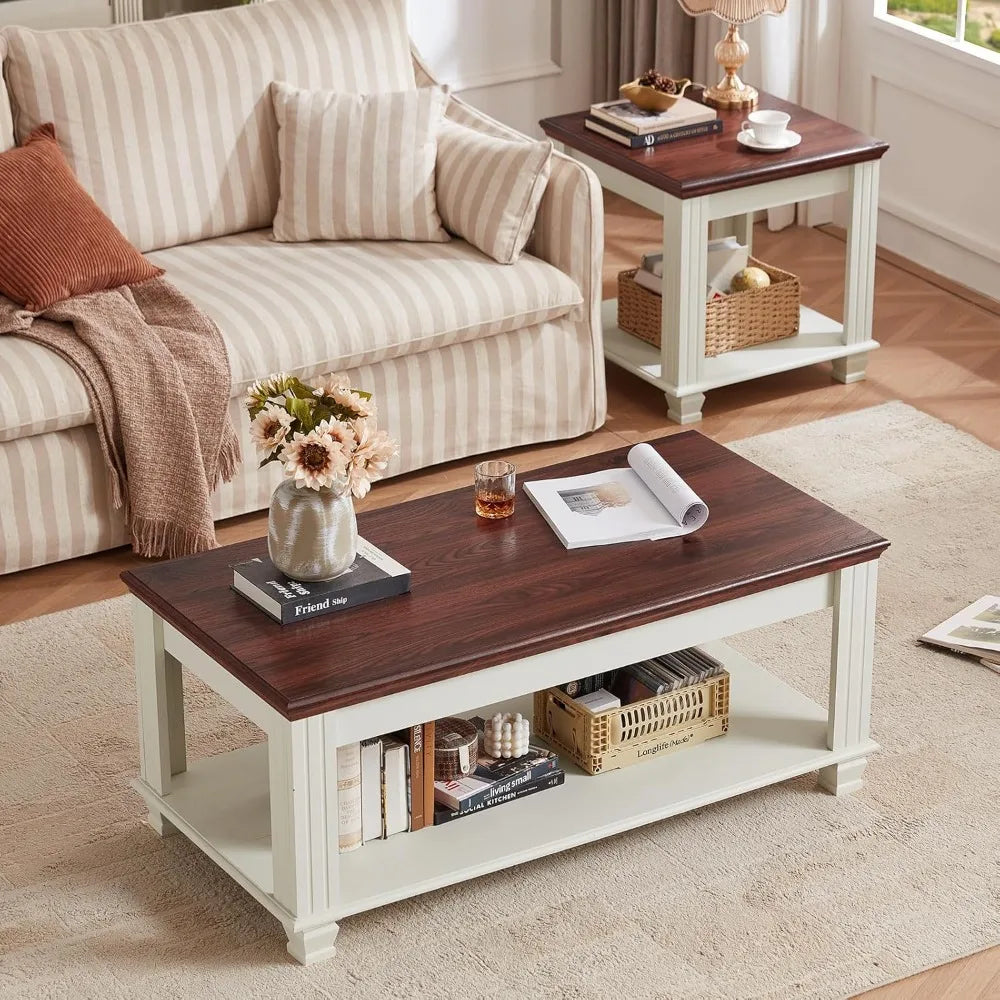 Farmhouse Coffee Table Set With Open Shelf And End Tables
