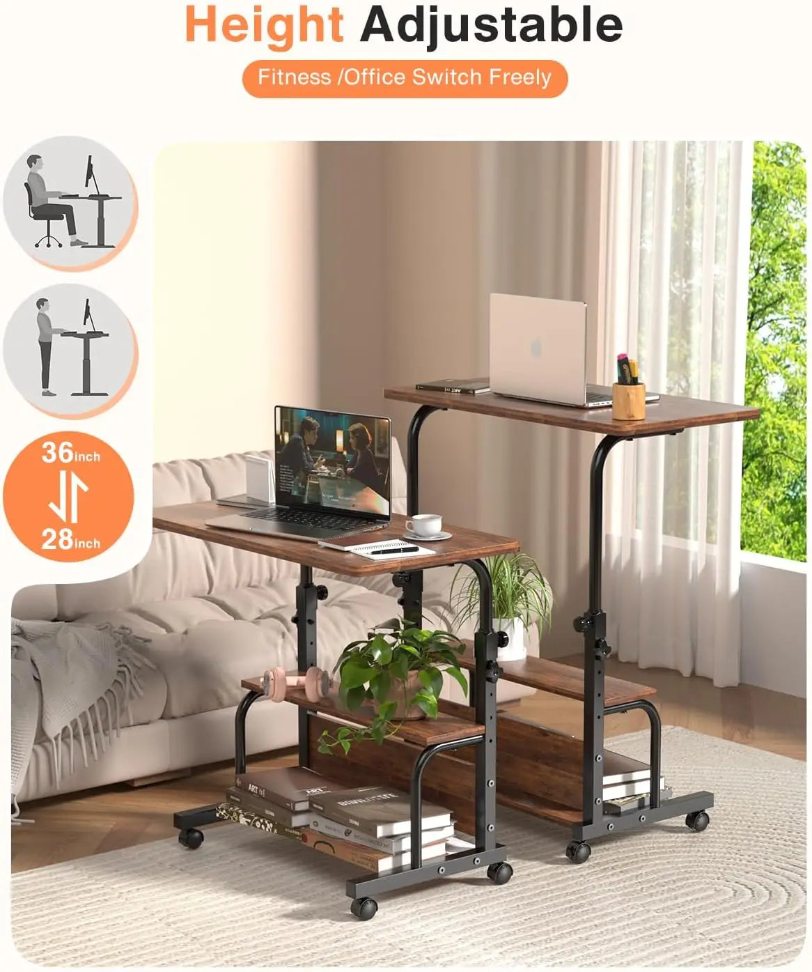 Adjustable Height Rolling Desk With Storage Shelves For Small Spaces