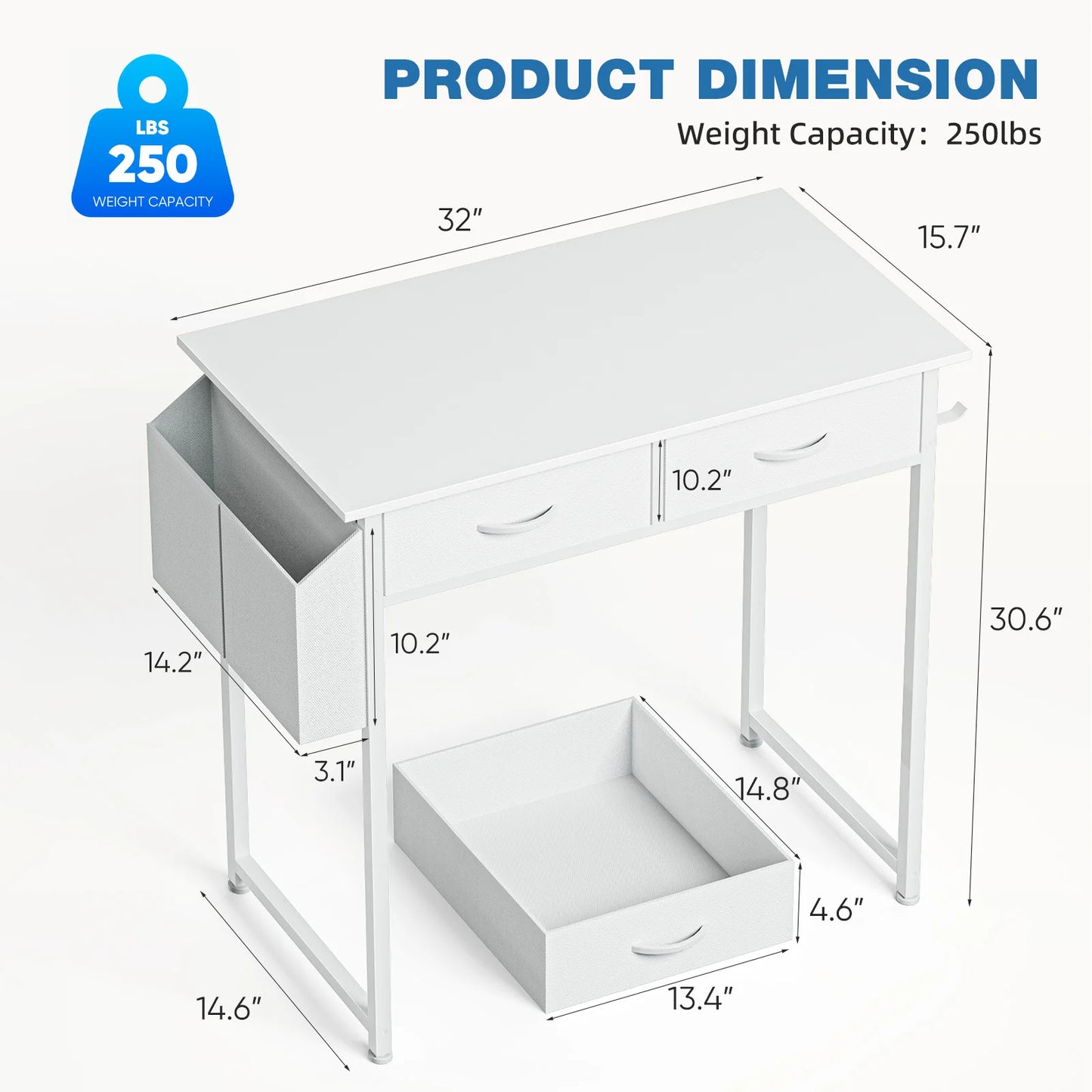 JHK Office Desk With Fabric Storage Drawers And Metal Frame