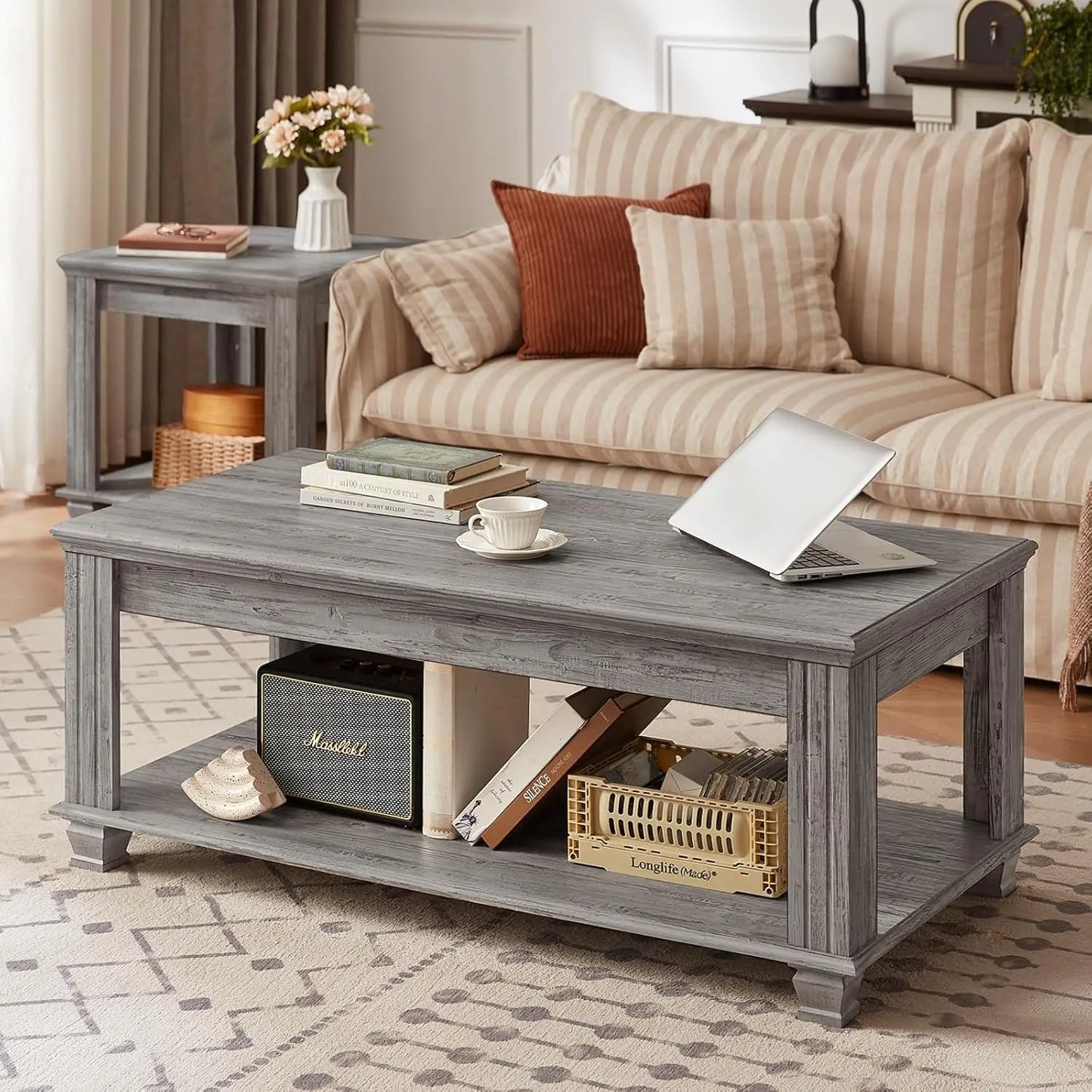 HUANZHUANG Farmhouse Coffee Table For Living Room With Open Storage