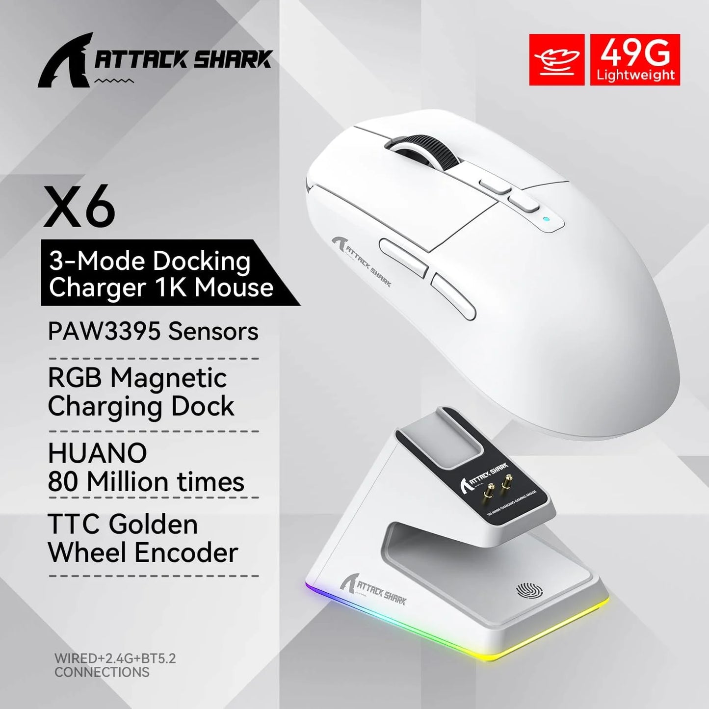Attack Shark X6 Wireless Gaming Mouse With PAW3395 Sensor Magnetic Dock