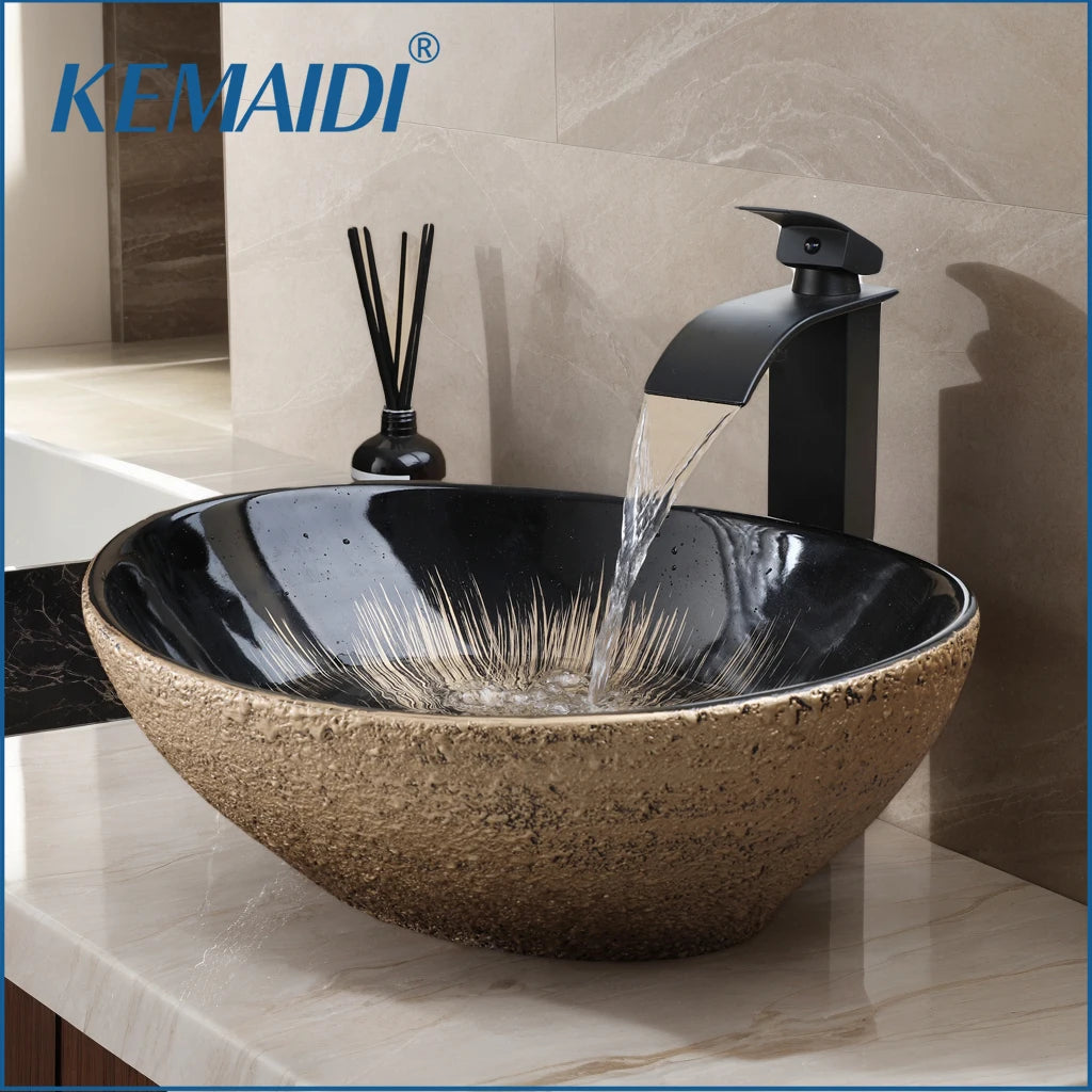MEKKHALA Oval Vessel Sink With Faucet Ceramic Bathroom