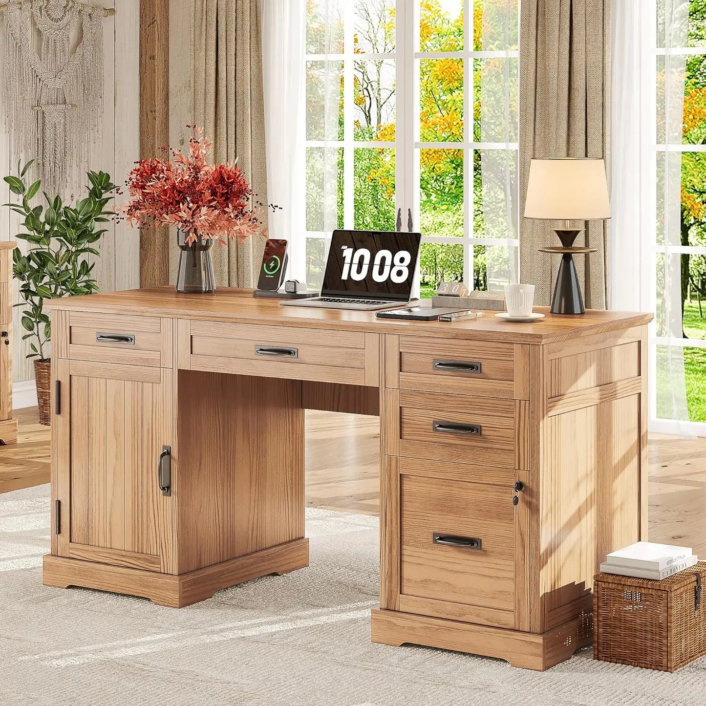 XIAOLANG Farmhouse Executive Desk With File Cabinet And USB Charging