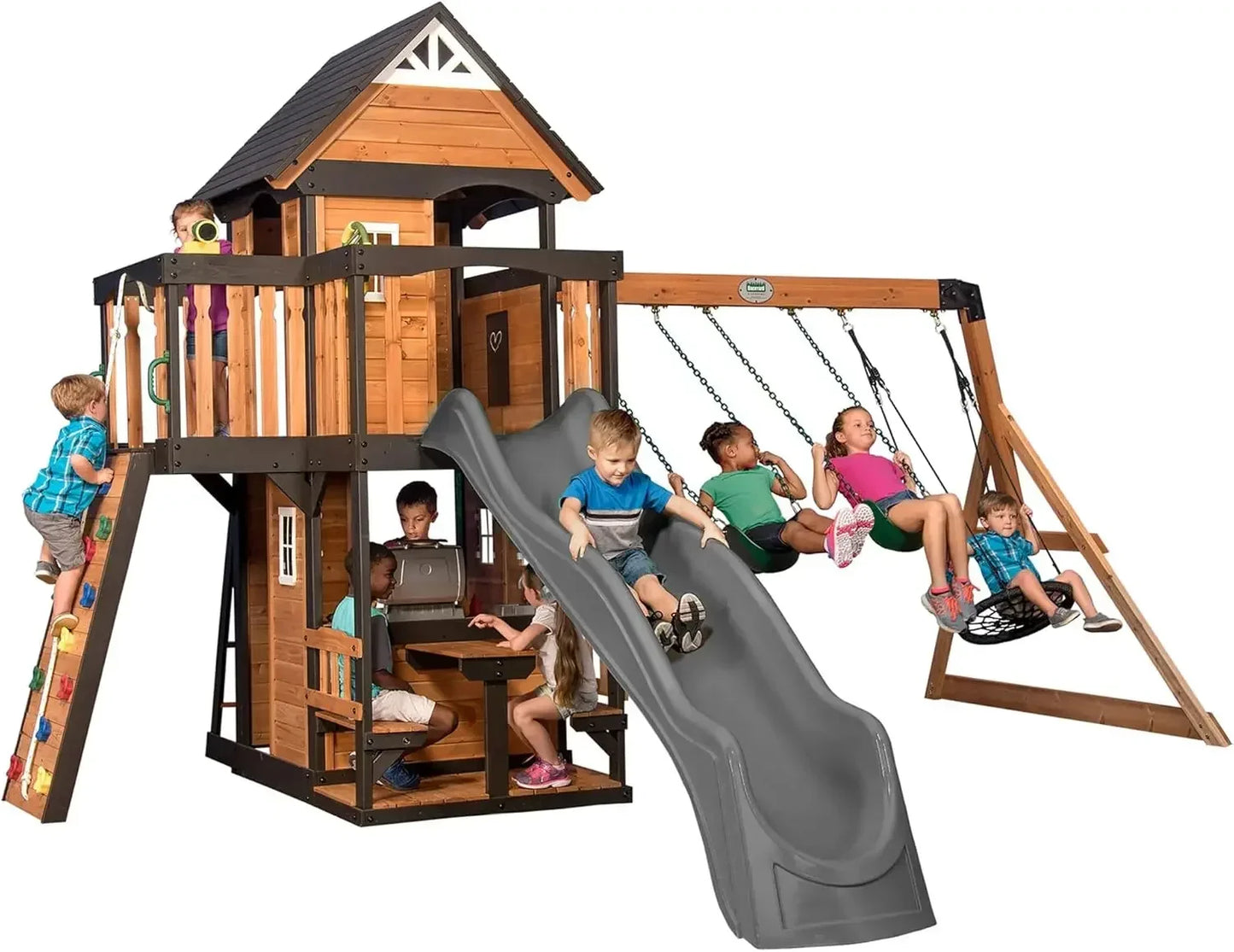 Cedar Wood Swing Set With Wave Slide Clubhouse Backyard Playset
