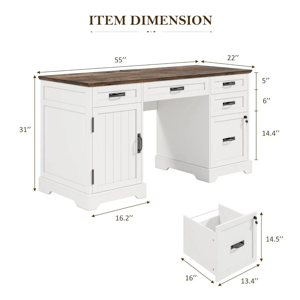 XIAOLANG Farmhouse Executive Desk With File Cabinet And USB Charging