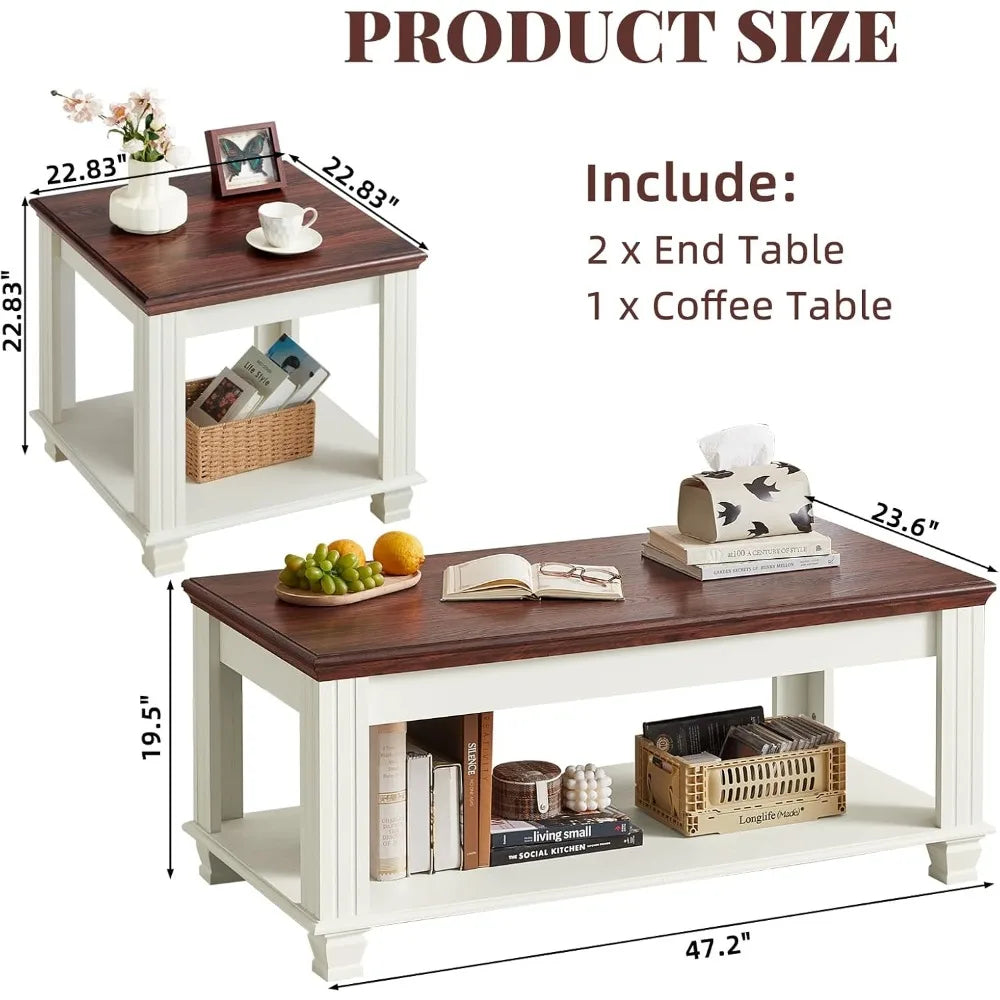 Farmhouse Coffee Table Set With Open Shelf And End Tables