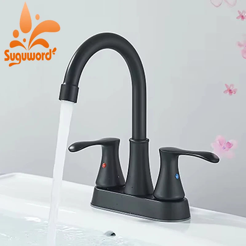 Suguword Dual Handle Deck Mounted Bathroom Faucet Hot Cold Water