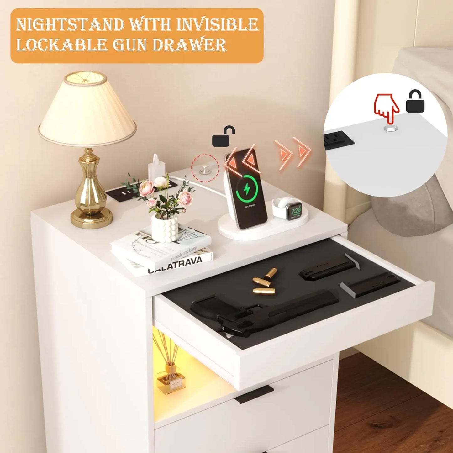 Night Stand Gun Drawer And Invisible Lock LED Charging Nightstand