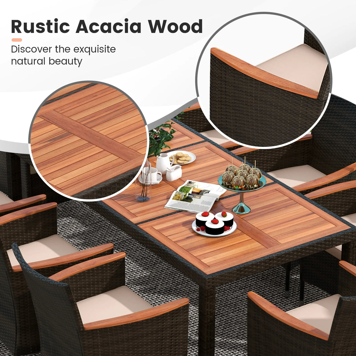 HOMASIS Outdoor Patio Wicker Dining Set With Acacia Wood Table
