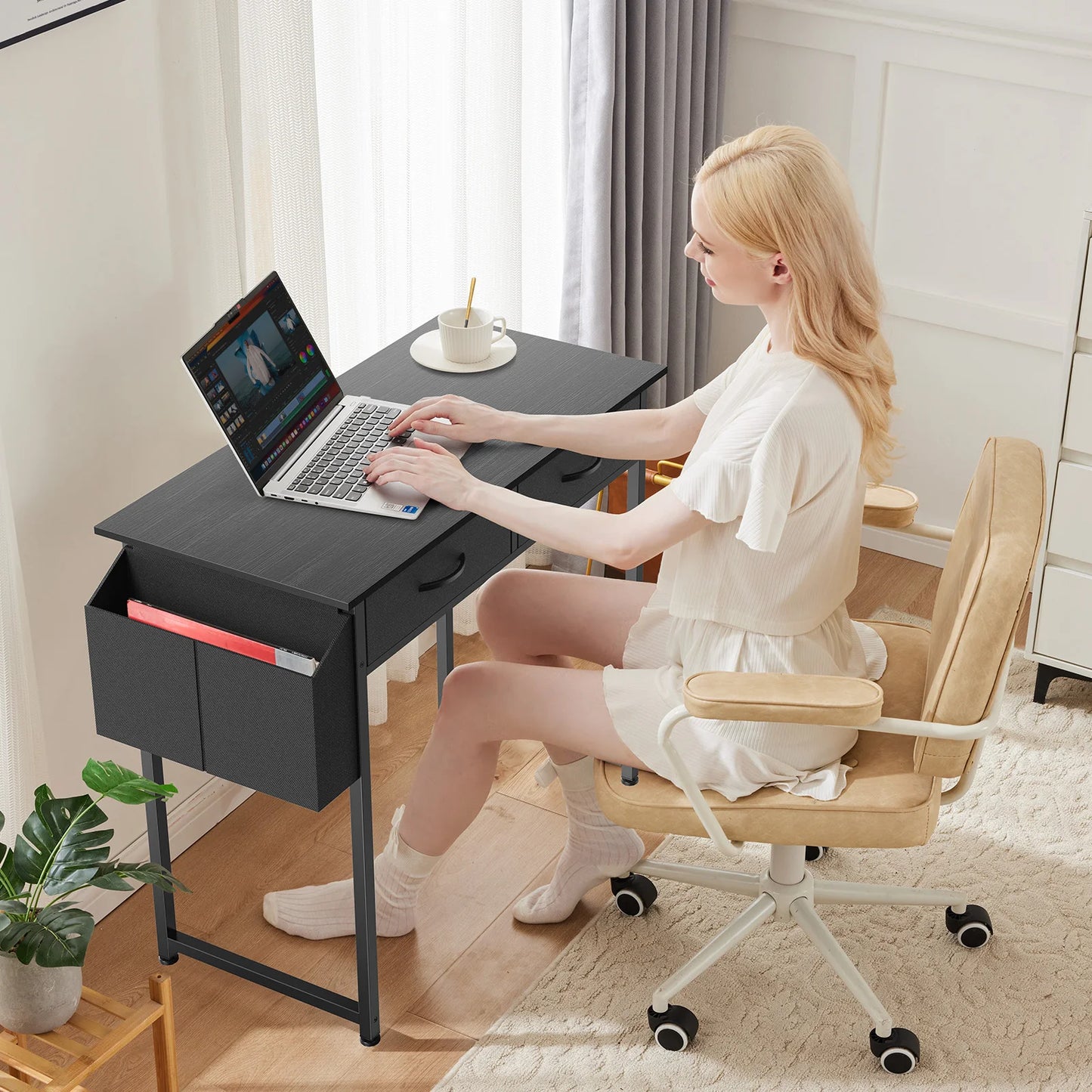 JHK Office Desk With Fabric Storage Drawers And Metal Frame