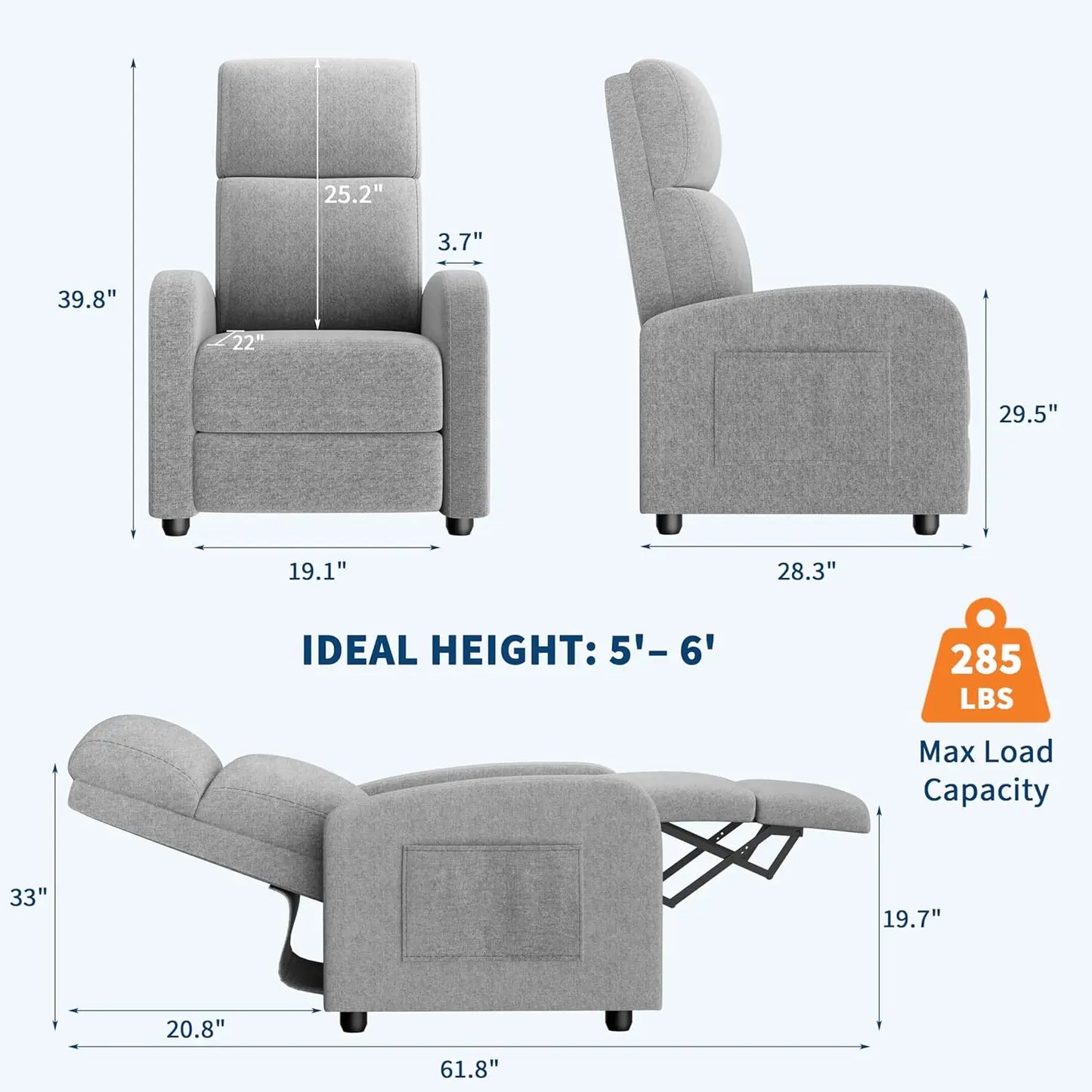 HiMISSCN Push Back Recliner Chair for Adults With Side Pocket