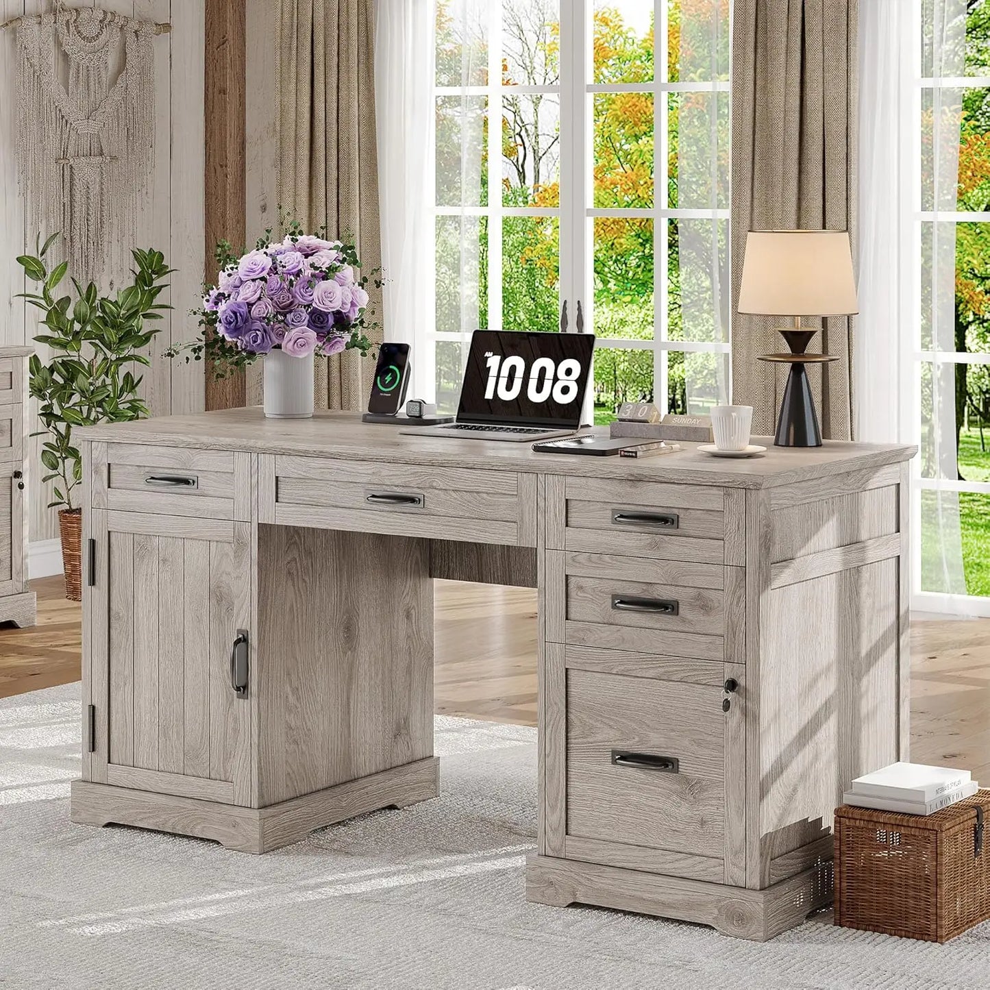 XIAOLANG Farmhouse Executive Desk With File Cabinet And USB Charging