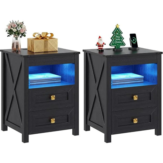 Farmhouse Nightstands Two Piece Set With Gun Drawer And LED Light