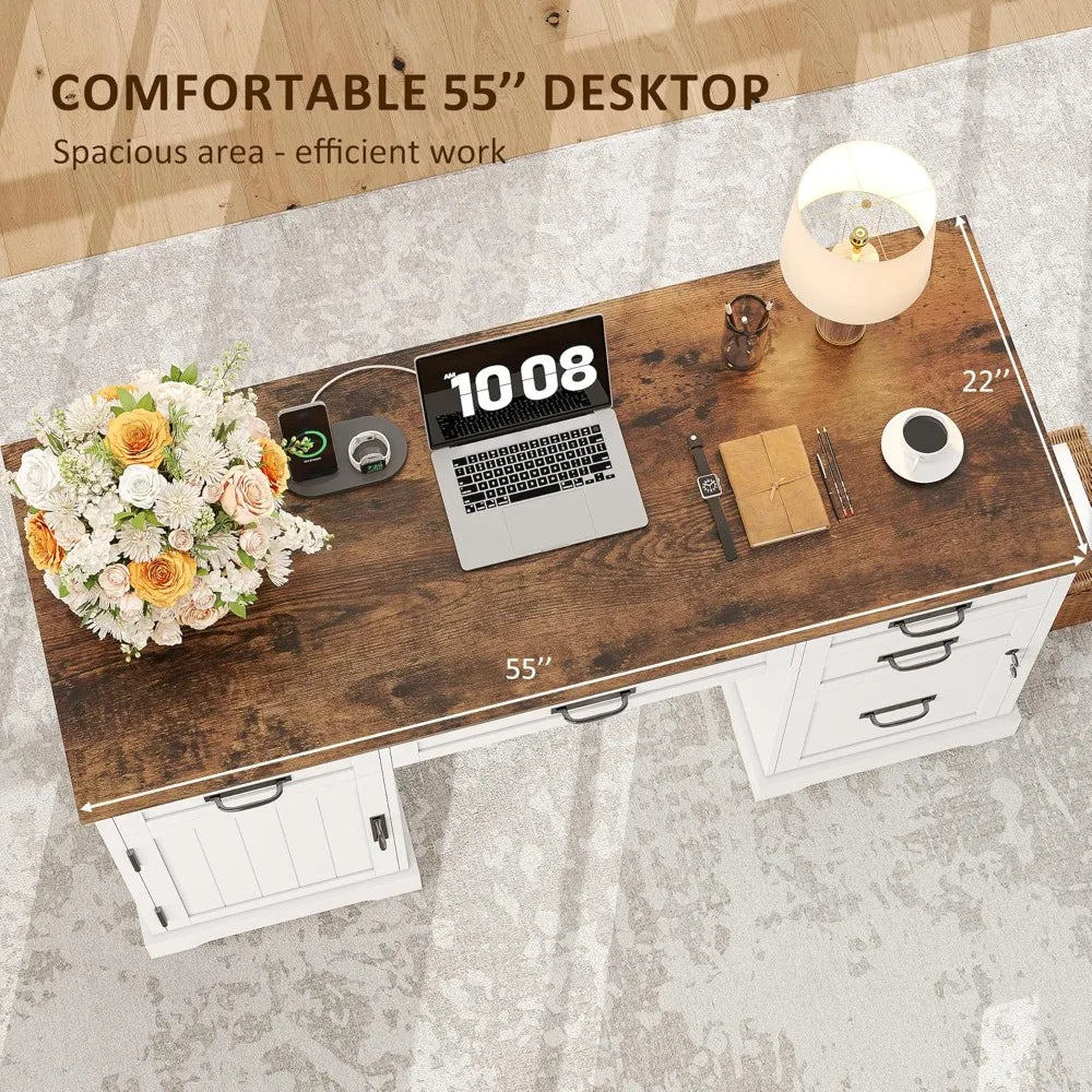 XIAOLANG Farmhouse Executive Desk With File Cabinet And USB Charging