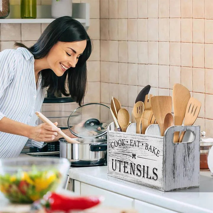 Wooden Cutlery Box With 5 Compartments For Kitchen Counter Storage