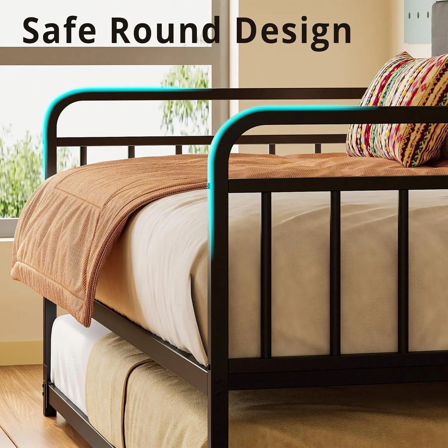 Daybed With Trundle Sturdy Metal Frame Upholstered Headboard Charging Station