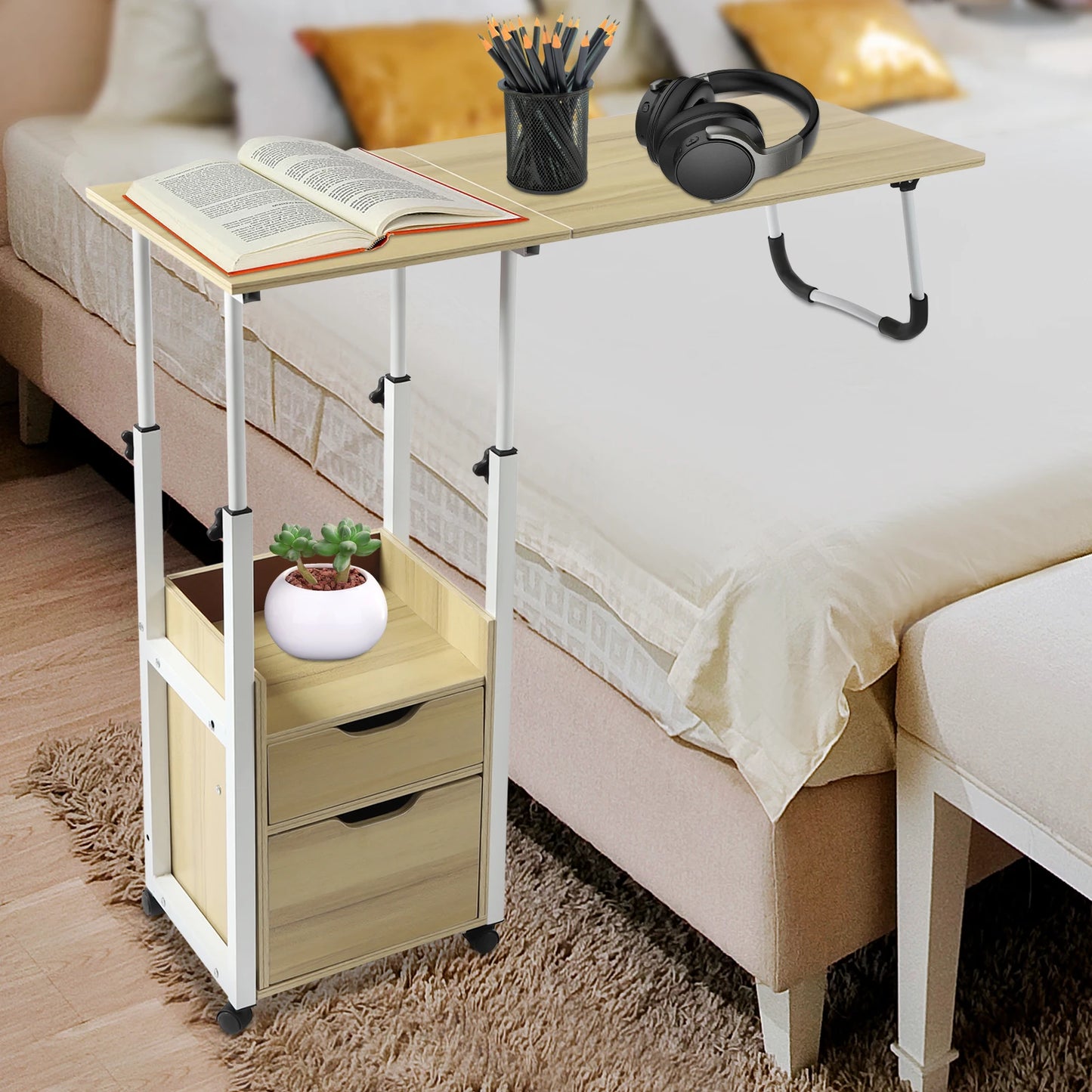 Bymaocar Foldable Laptop Desk With Wheels Height Adjustable Bedside Table