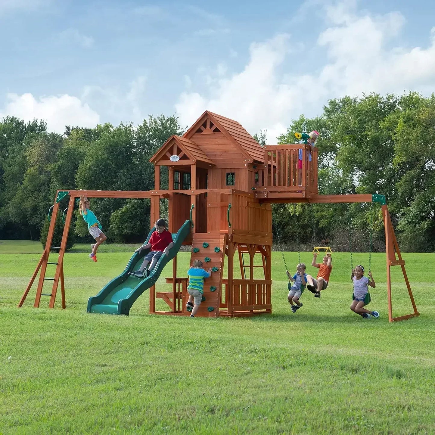 Angie's Home Store Cedar Wood Swing Set With Wave Slide And Clubhouse