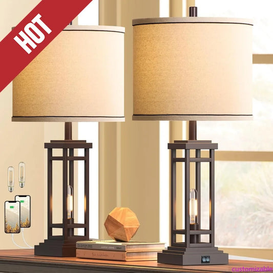 RottoGoon Farmhouse Table Lamps With USB C USB A Ports