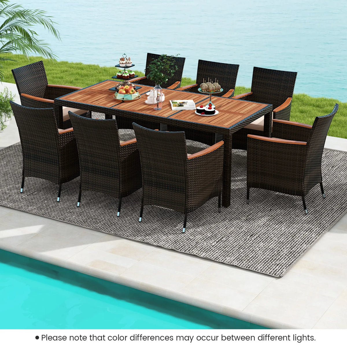 HOMASIS Outdoor Patio Wicker Dining Set With Acacia Wood Table