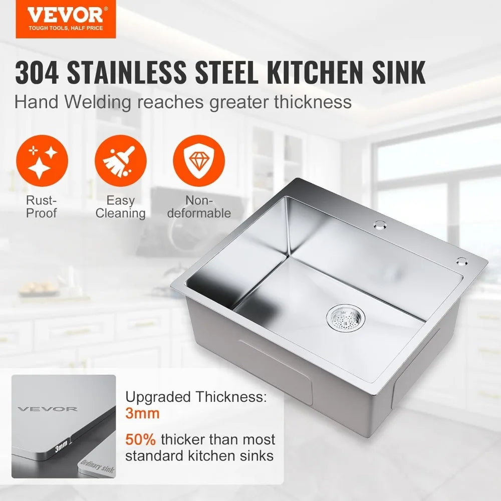 304 Stainless Steel Drop In Kitchen Sink Top Mount Bowl
