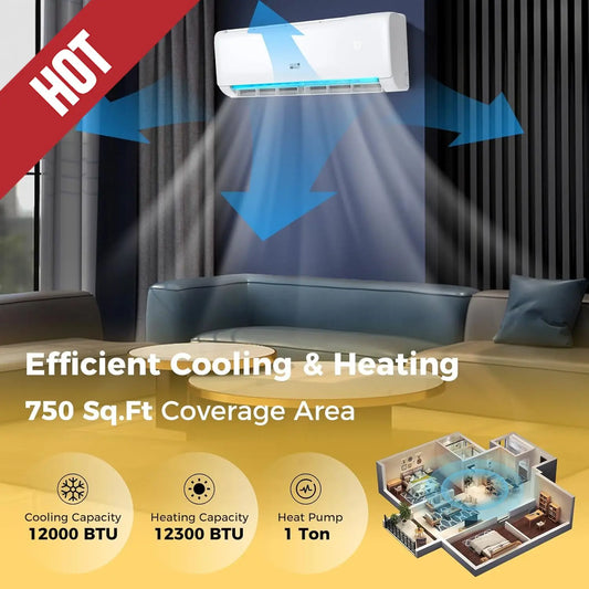 12,000 BTU Mini Split Air Conditioner, with Heat Pump, Energy Star, 21 SEER2 Inverter, 24H Timer, Auto Clean