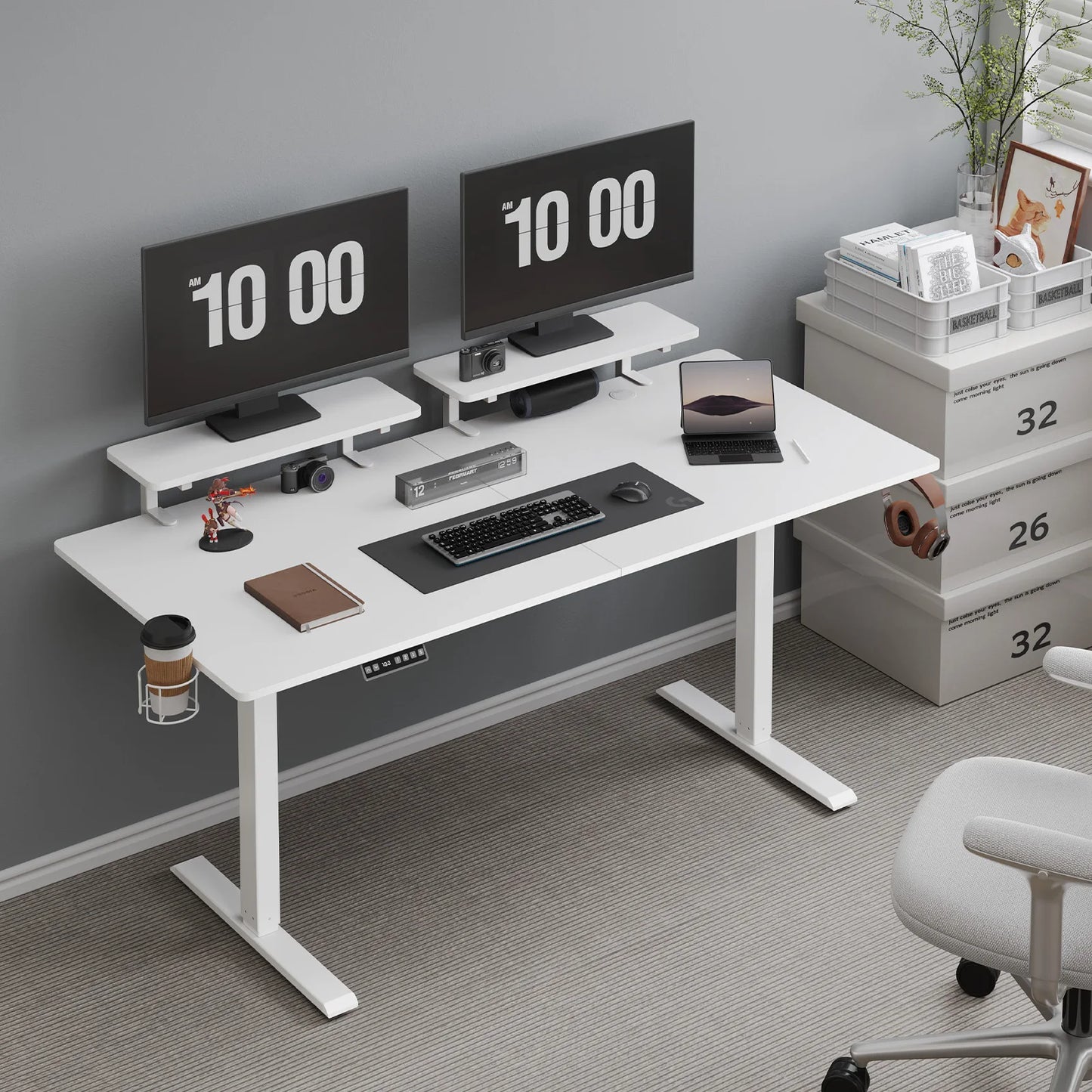 ONBRILL Electric Standing Desk With Two Monitor Shelves Memory Controller