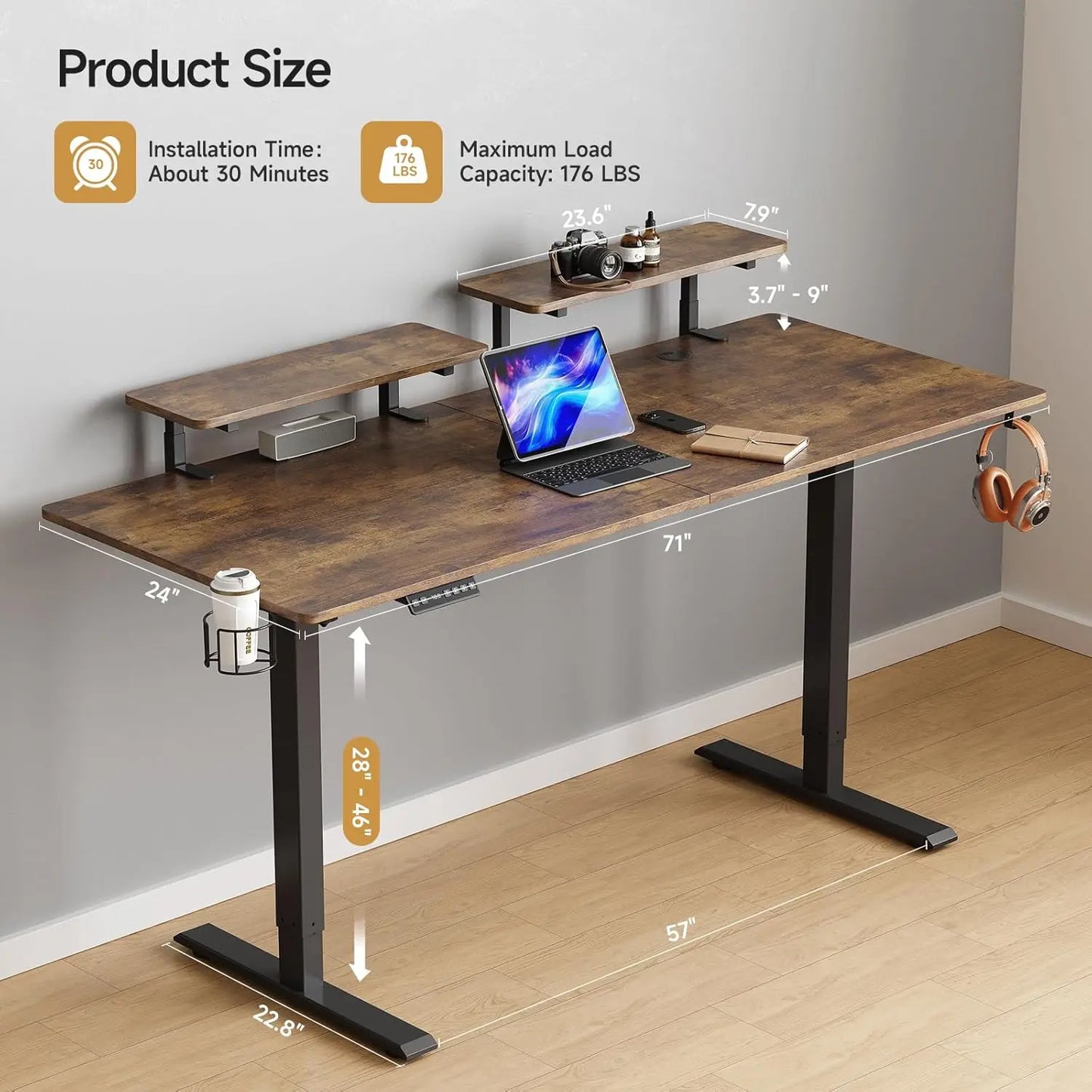 ONBRILL Electric Standing Desk With Two Monitor Shelves Memory Controller