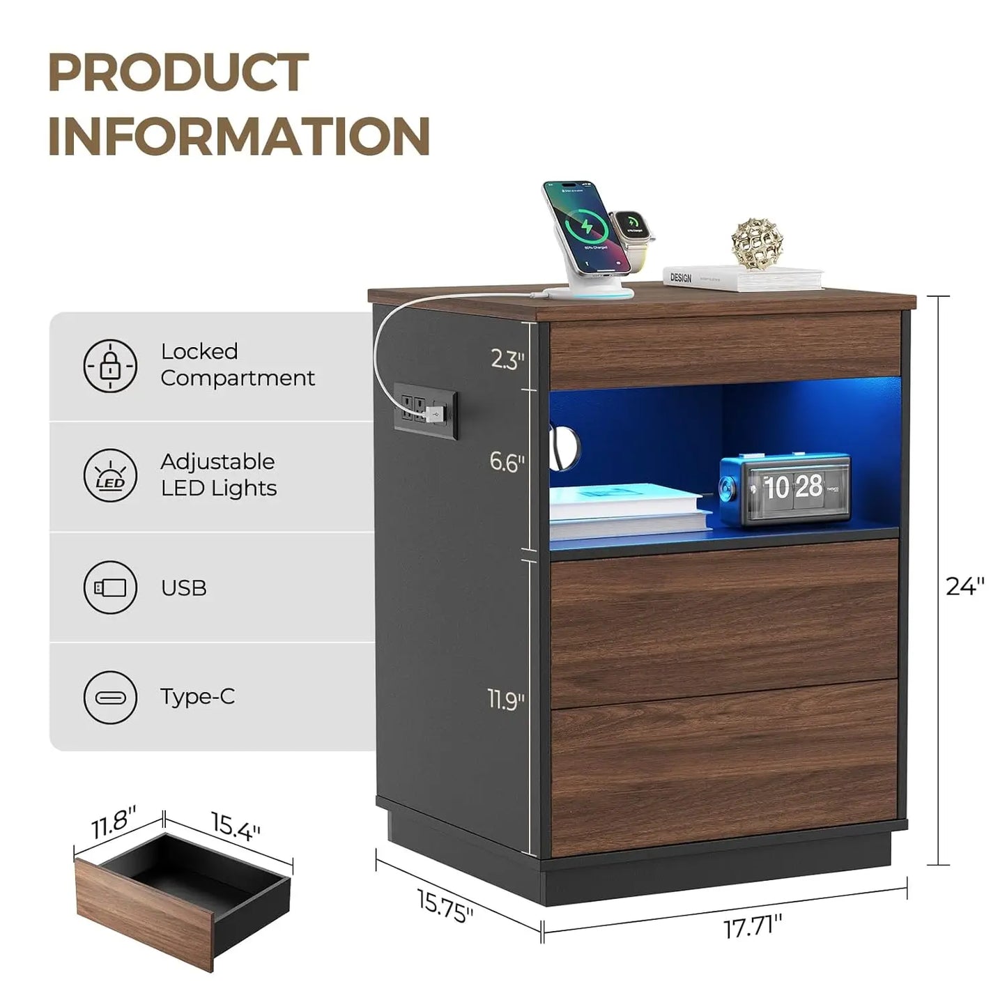 Two Nightstand Set With Hidden Compartments LED USB Type C
