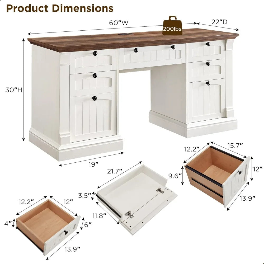 Executive Farmhouse Desk With Charging Station And Keyboard Tray
