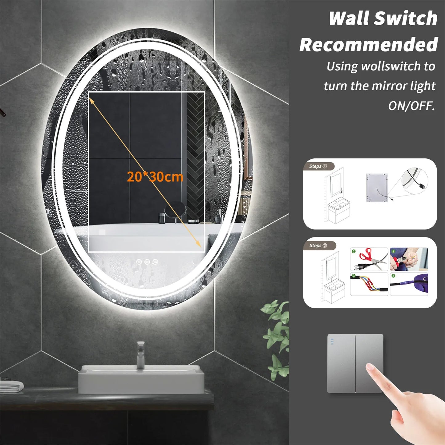 Wisfor Oval LED Dimmable Wall Mounted Makeup Mirror With Demist