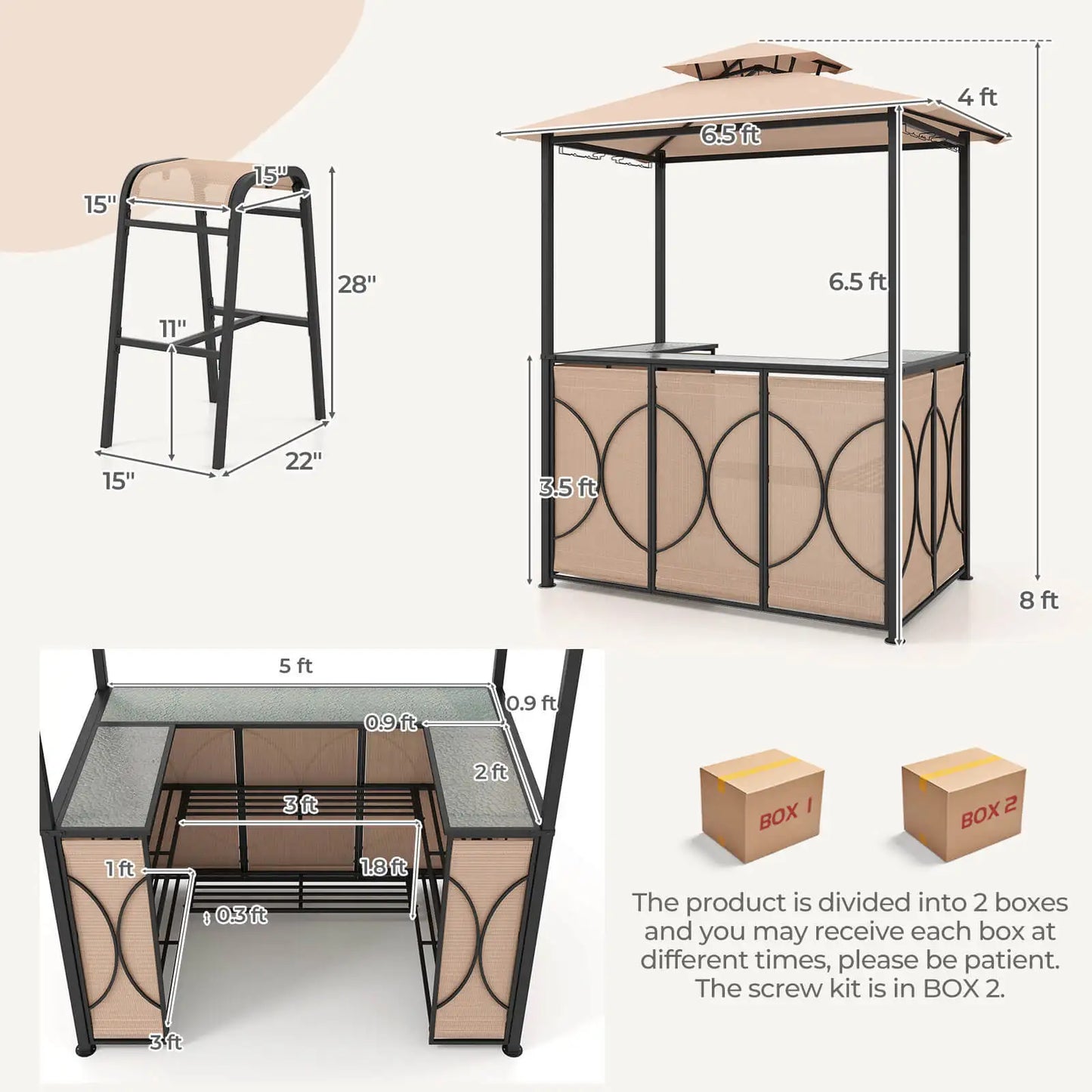 3 PCS Patio Bar Set with Tempered Glass Bar Table Metal Storage Shelves for Garden Brown