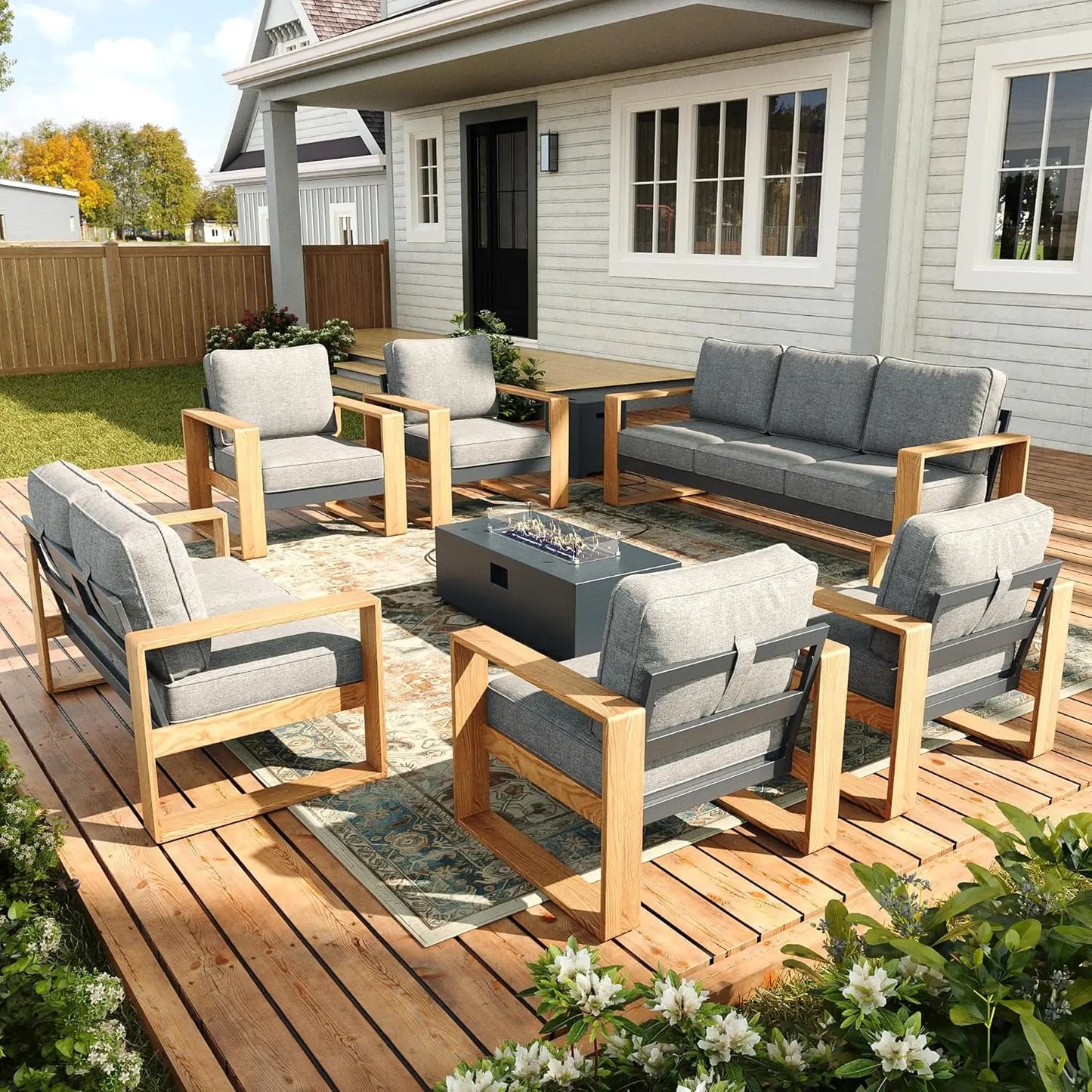 Outdoor Patio Seven Piece Modern Sectional Set With Fire Pit