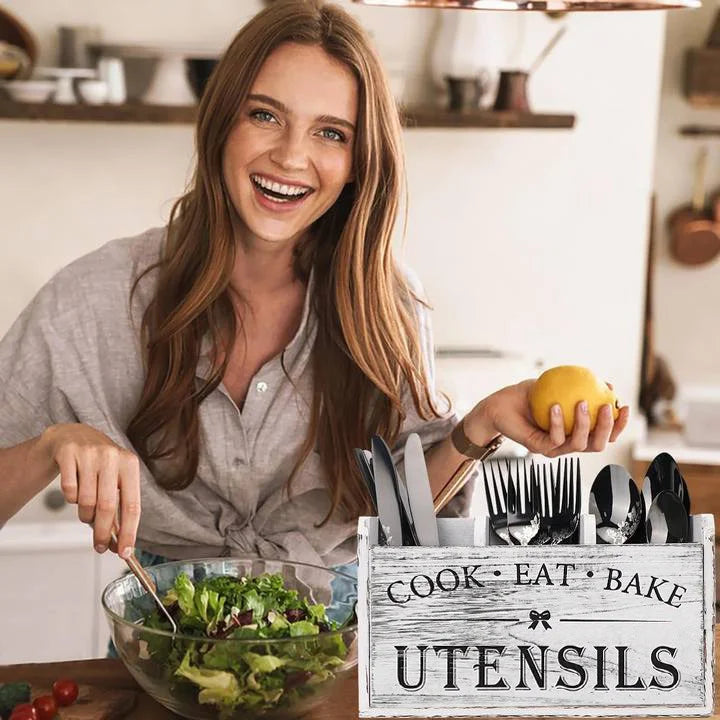 Wooden Cutlery Box With 5 Compartments For Kitchen Counter Storage