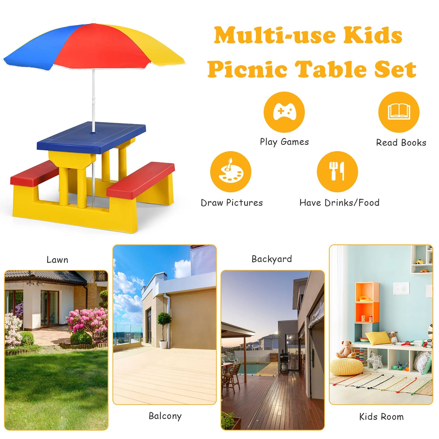 Homasis Kids Picnic Table Set With Removable Umbrella