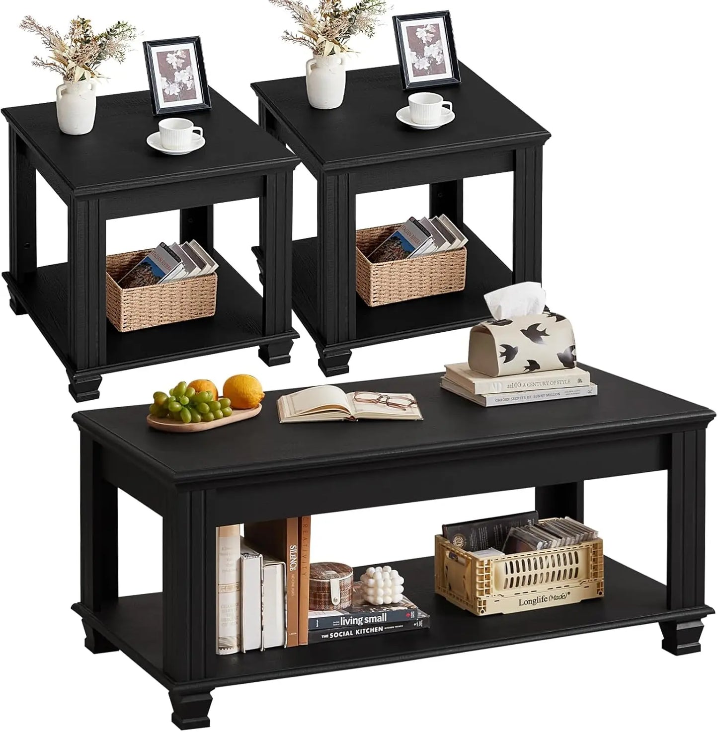 Farmhouse Coffee Table Set With Open Shelf And End Tables