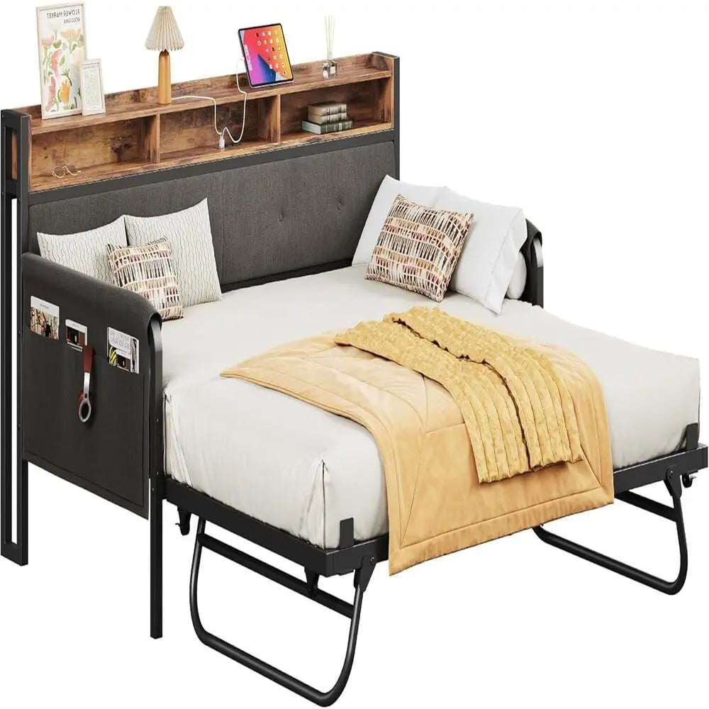 LIKIMIO Daybed With Trundle MetalFrame UpholsteredHeadboard And IntegratedChargingStation