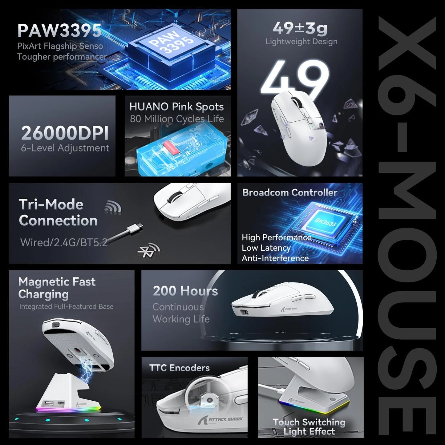Attack Shark X6 Wireless Gaming Mouse With PAW3395 Sensor Magnetic Dock