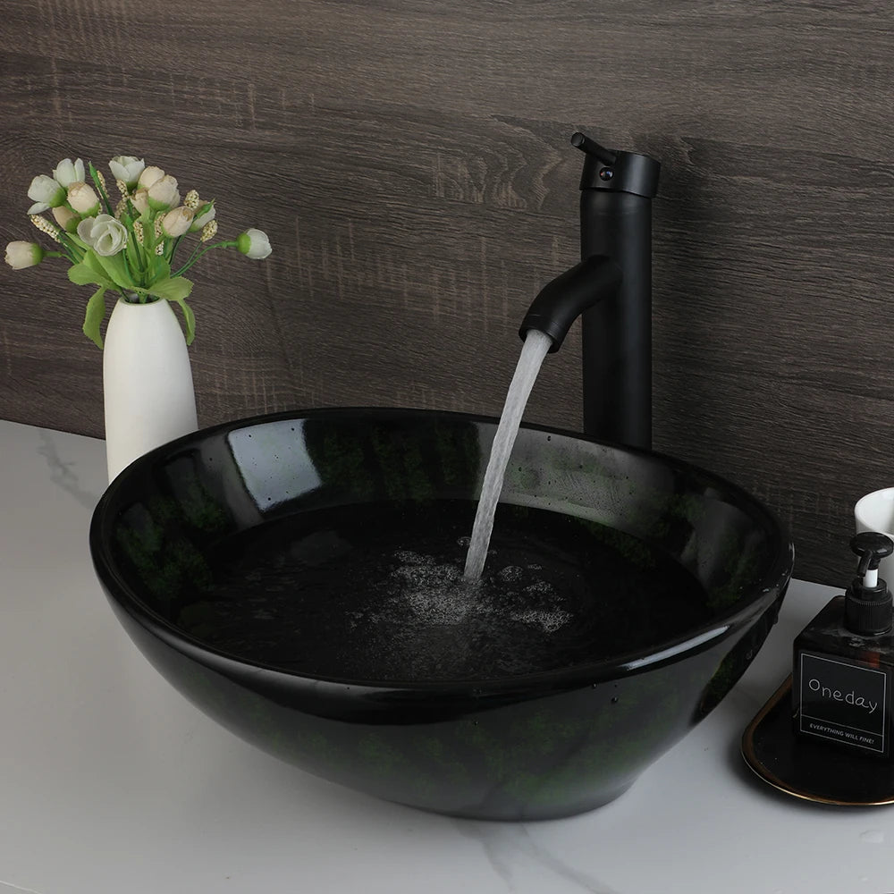 MEKKHALA Oval Vessel Sink With Faucet Ceramic Bathroom