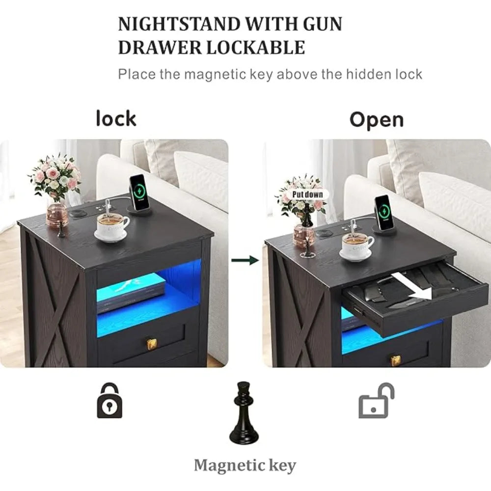 Farmhouse Nightstands Two Piece Set With Gun Drawer And LED Light