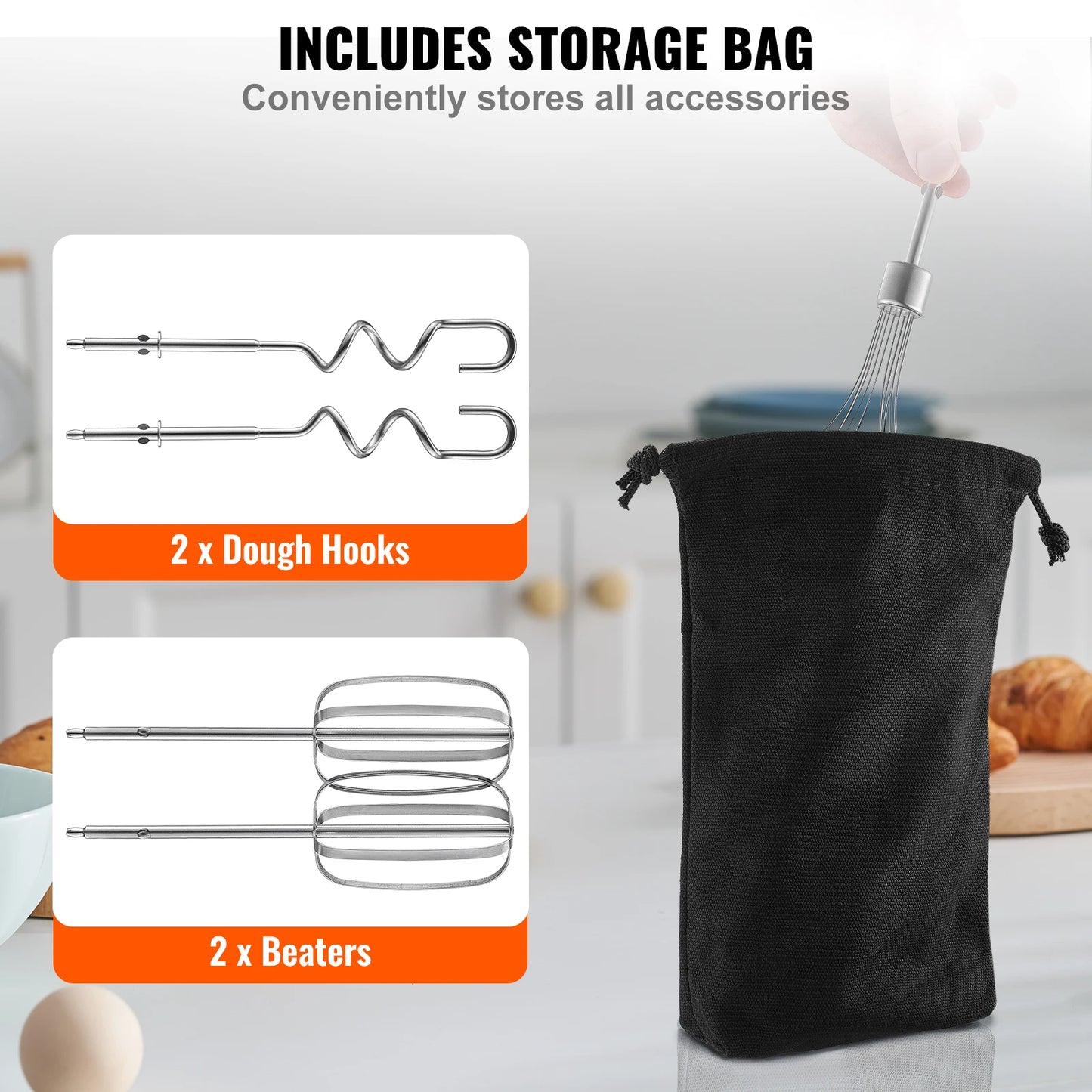 VEVOR Cordless Electric Hand Mixer Five Gear Speed 1100 RPM