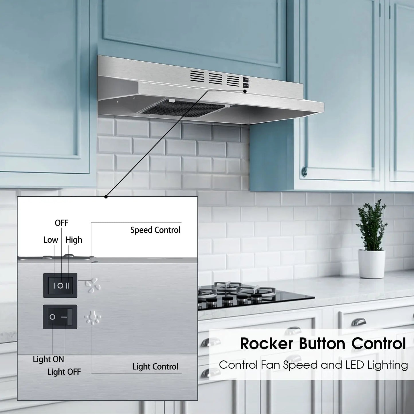 Tieasy Under Cabinet Range Hood 280 CFM Convertible Ducted Ductless