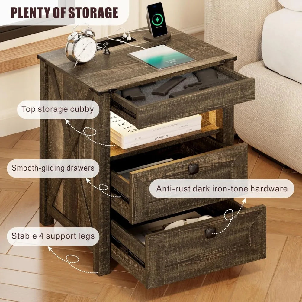 LED Nightstand With Gun Drawer And Invisible Lock Bedside Table