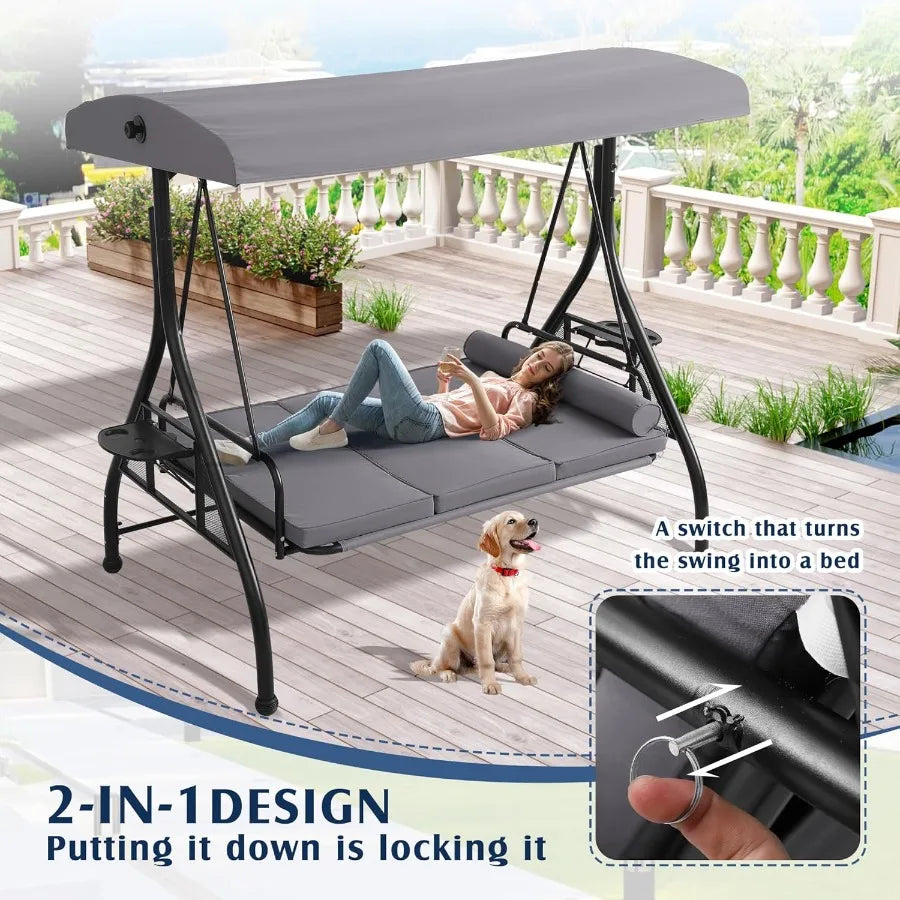 Three Person Outdoor Porch Swing With Canopy And Cup Holder