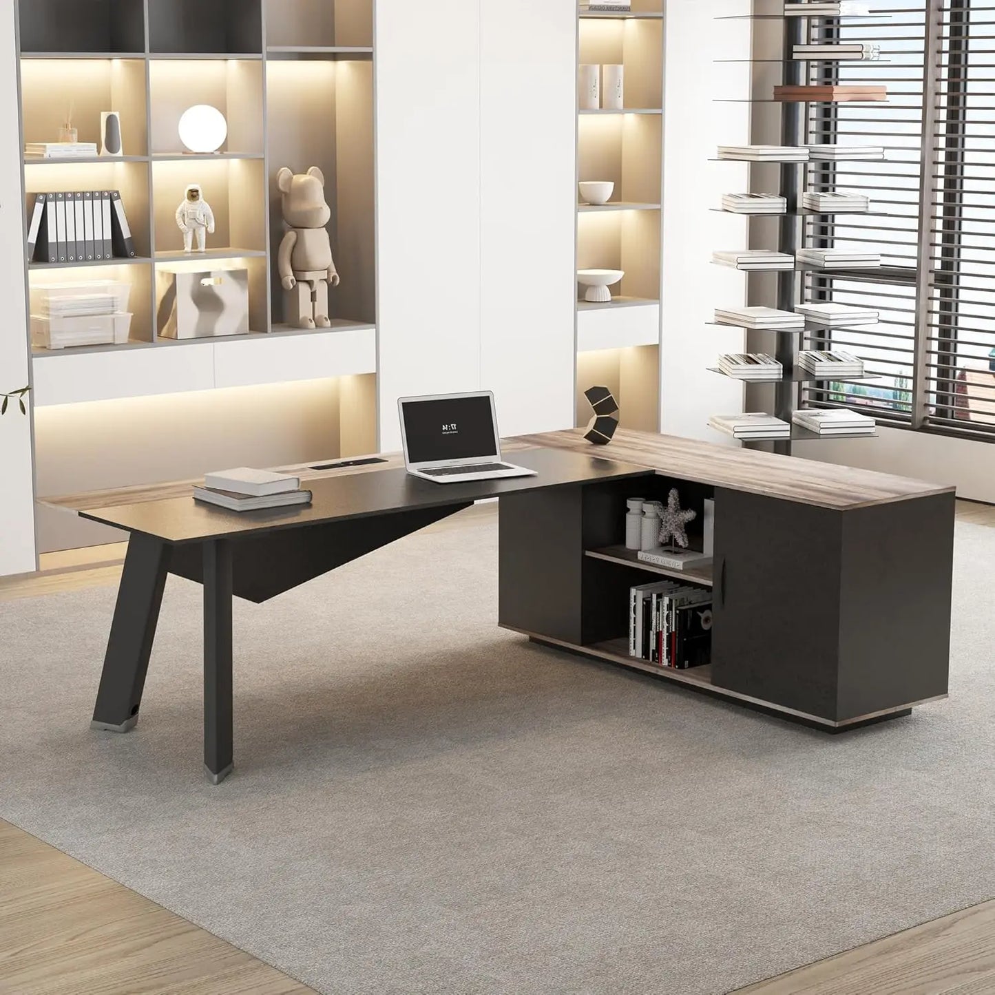 L Shaped Executive Desk With File Cabinet And Shelves Office